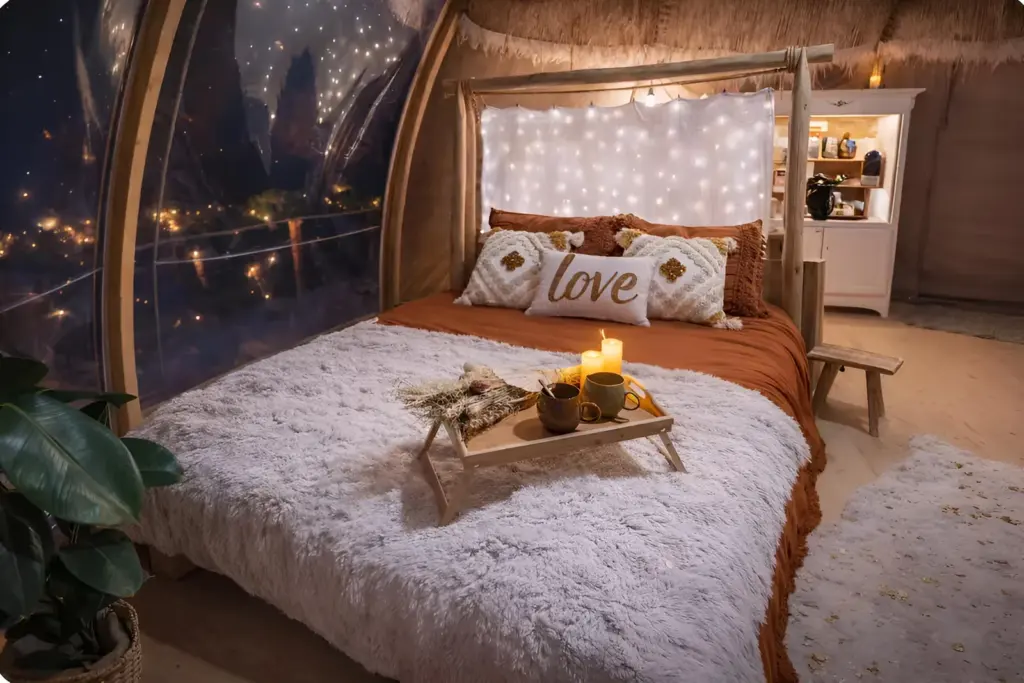 Boho Lodge : lit queen size décoré pour une nuit romantique