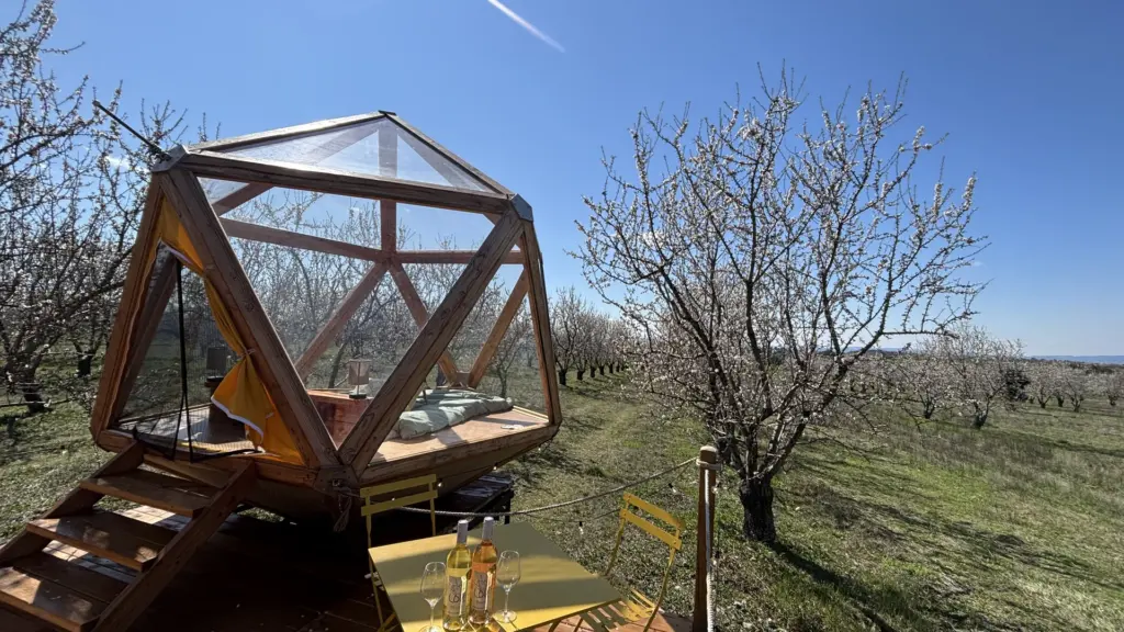 Les Grandes Marges : dôme transparent au milieu des amandiers en fleurs