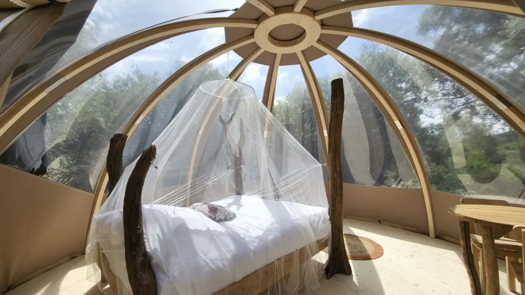 Les Cabanes Flottantes : lit sous le toit transparent