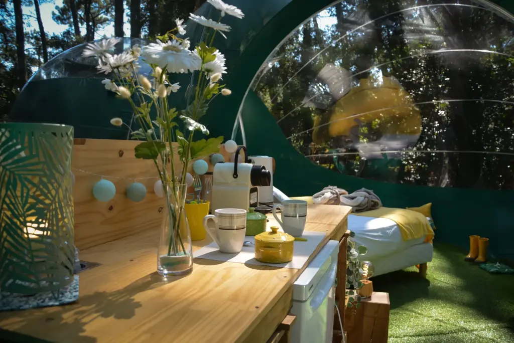 Lo Rey du Lac : coin repas fleuri dans la bulle